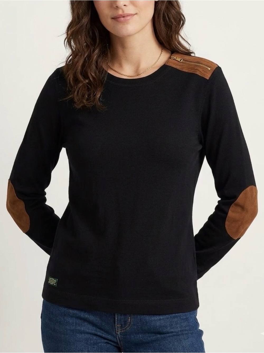 Lauren Ralph Lauren Black Crewneck Top Brown Elbow Patch Suede Accent Zipper XL